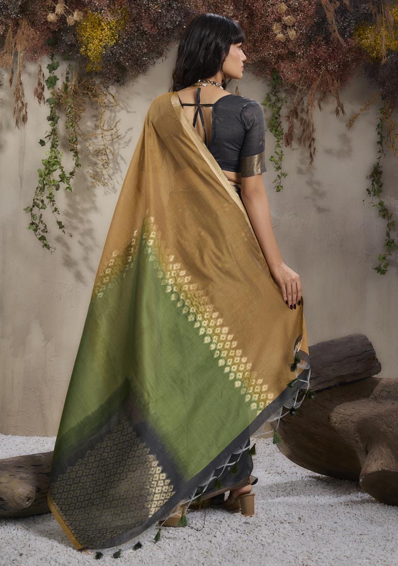Mustard Woven Design Silk Saree Set - Indya