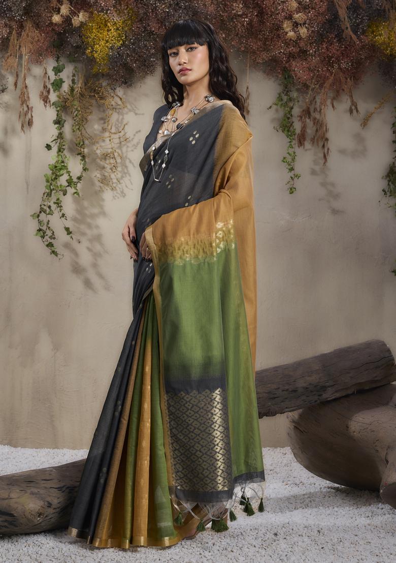 Mustard Woven Design Silk Saree Set - Indya