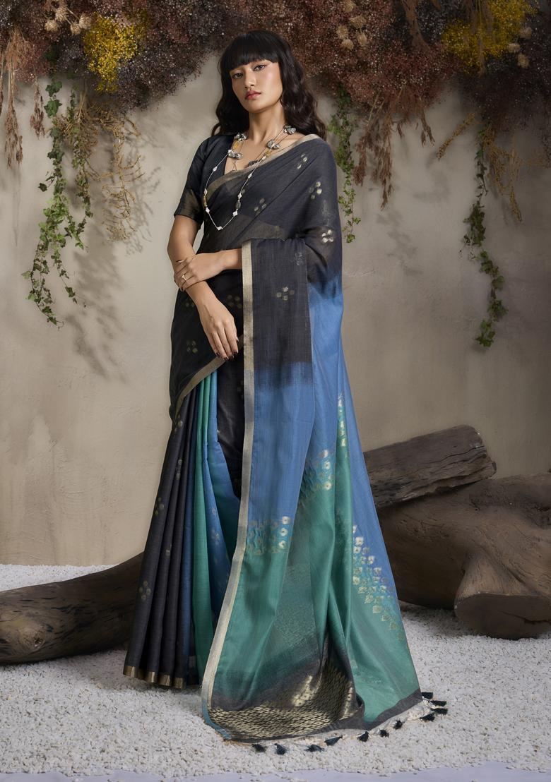 Light Blue Woven Design Silk Saree Set - Indya