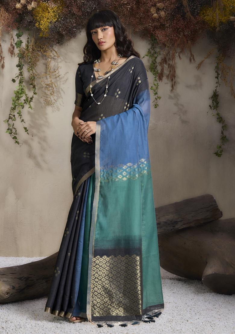 Light Blue Woven Design Silk Saree Set - Indya