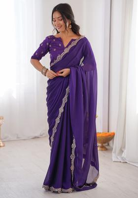 Purple Embellished Georgette Saree Set
