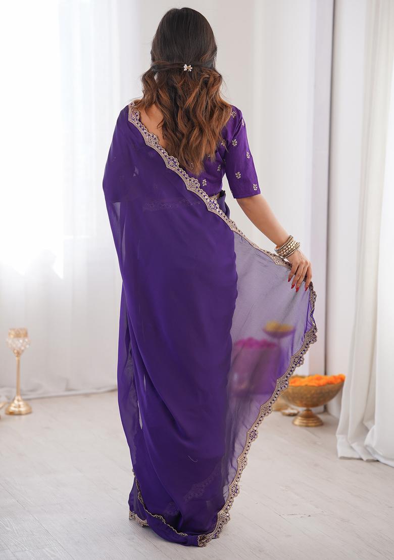 Purple Embellished Georgette Saree Set - Indya