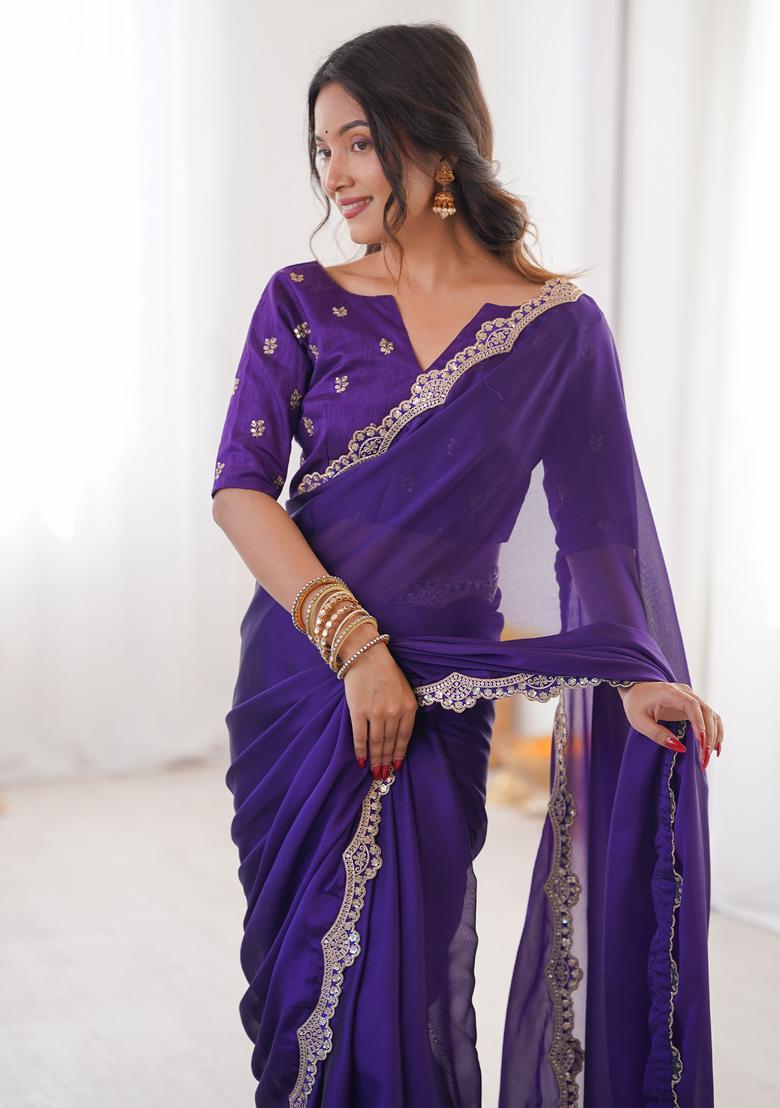 Purple Embellished Georgette Saree Set - Indya