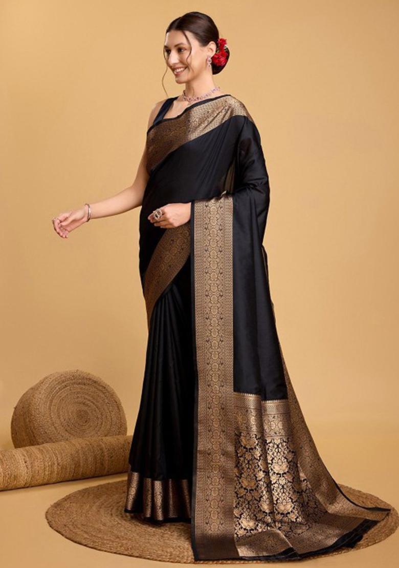 Black Woven Design Silk Saree Set - Indya