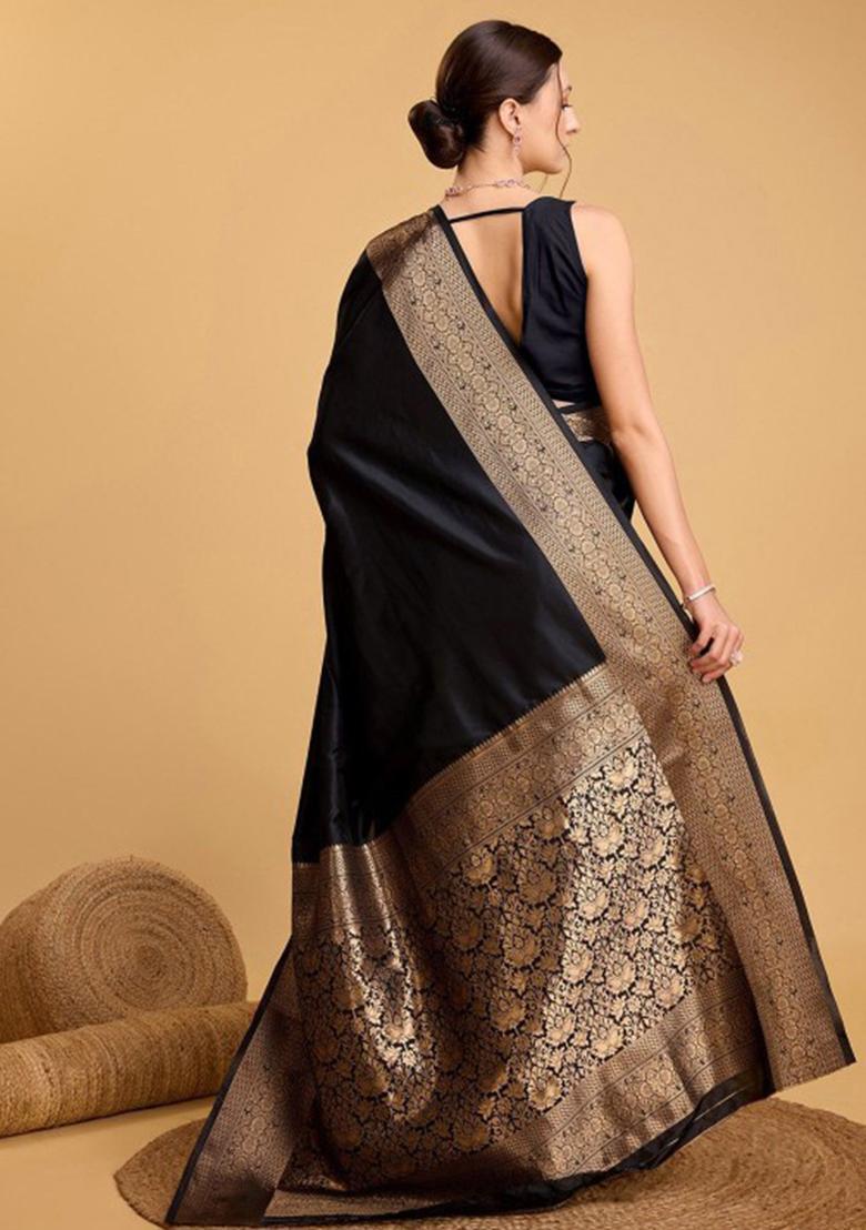 Black Woven Design Silk Saree Set - Indya