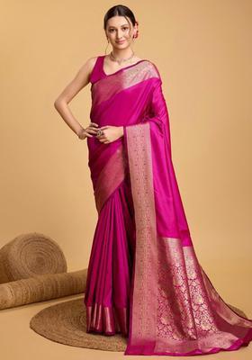 Pink Woven Design Silk Saree Set