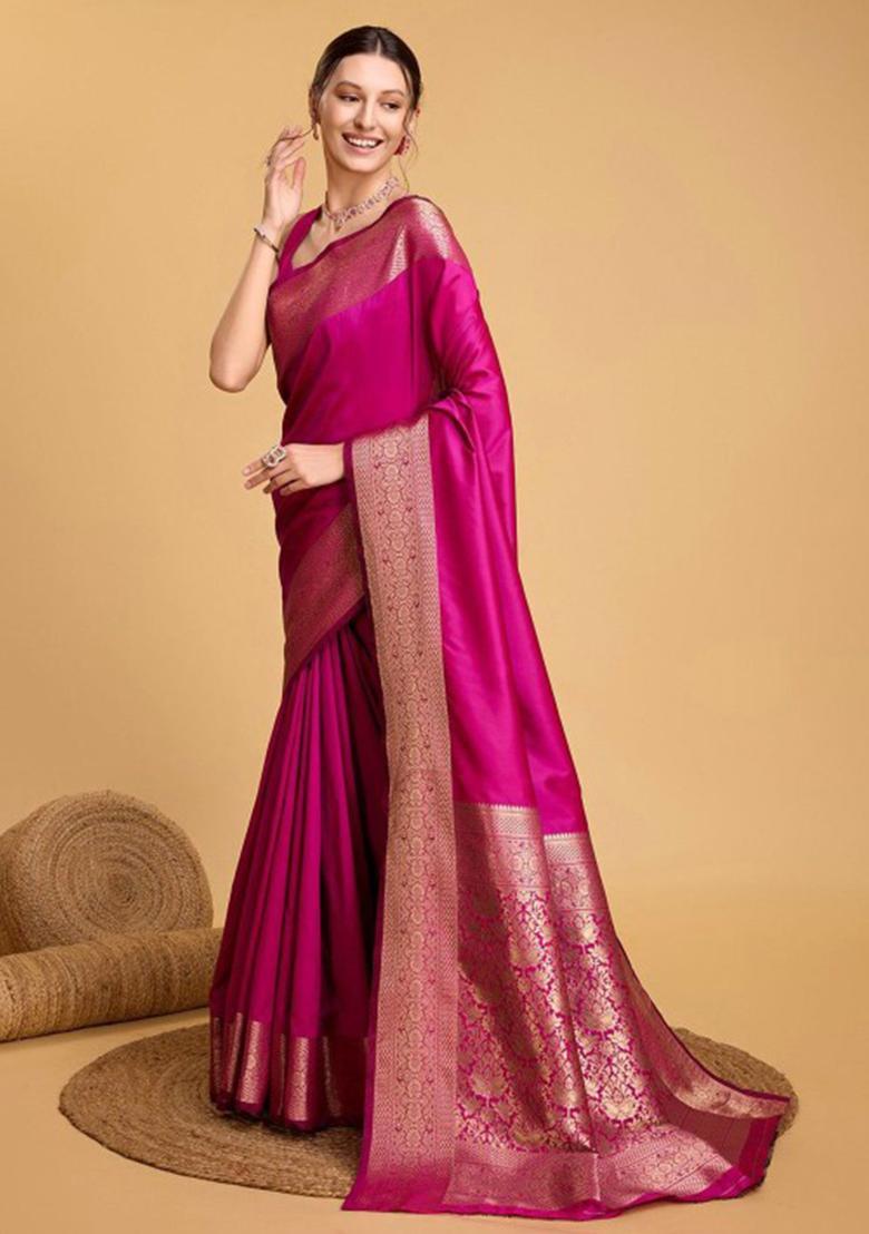 Pink Woven Design Silk Saree Set - Indya
