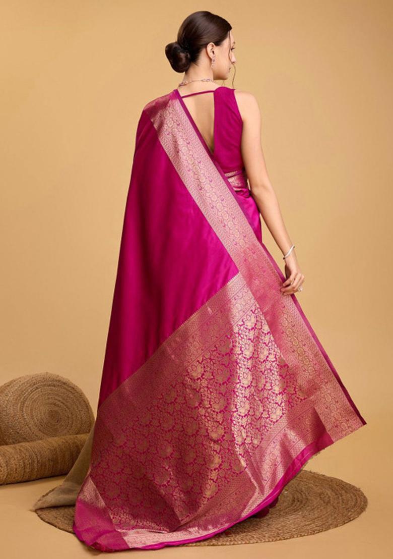 Pink Woven Design Silk Saree Set - Indya