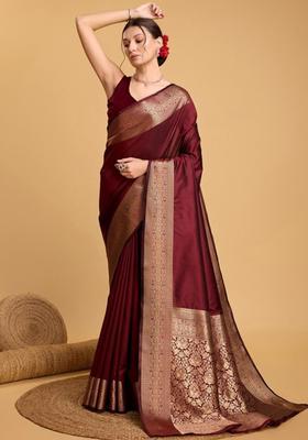 Maroon Woven Design Silk Saree Set