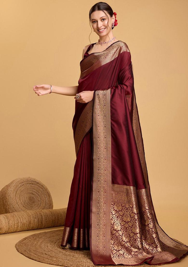 Maroon Woven Design Silk Saree Set - Indya