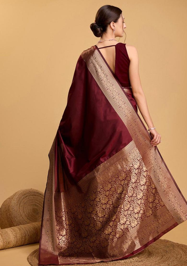 Maroon Woven Design Silk Saree Set - Indya
