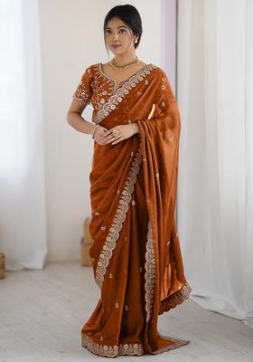 Orange Embellished Georgette Saree Set