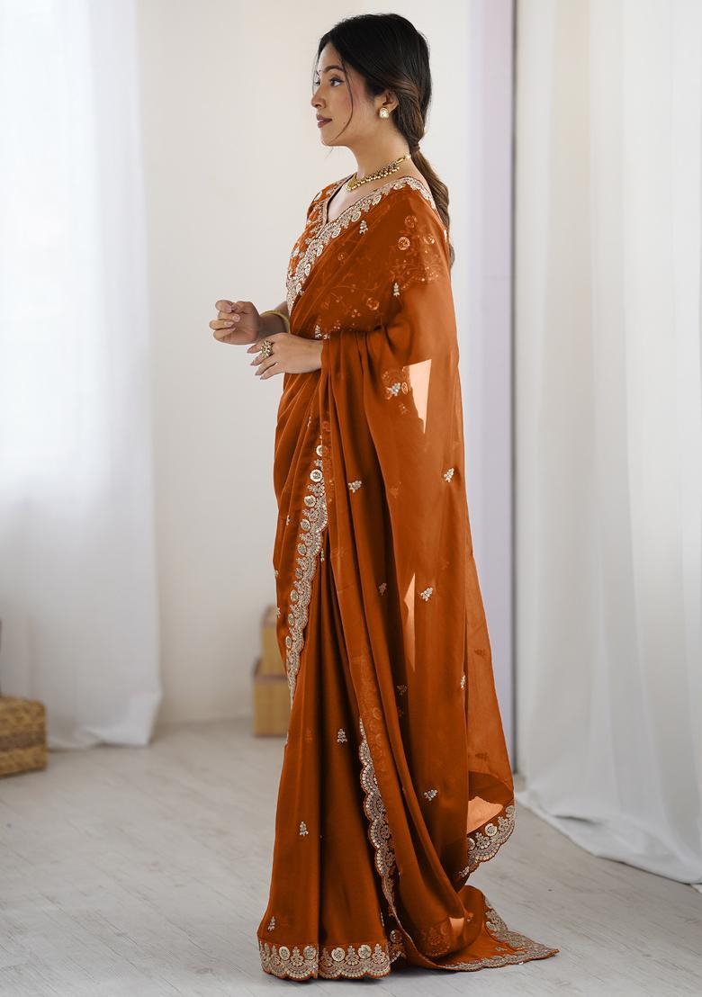 Orange Embellished Georgette Saree Set - Indya