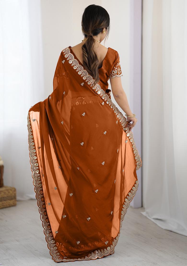 Orange Embellished Georgette Saree Set - Indya