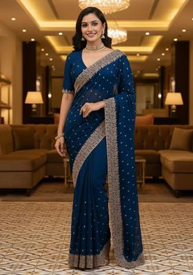 Blue Embroidery Silk Saree Set