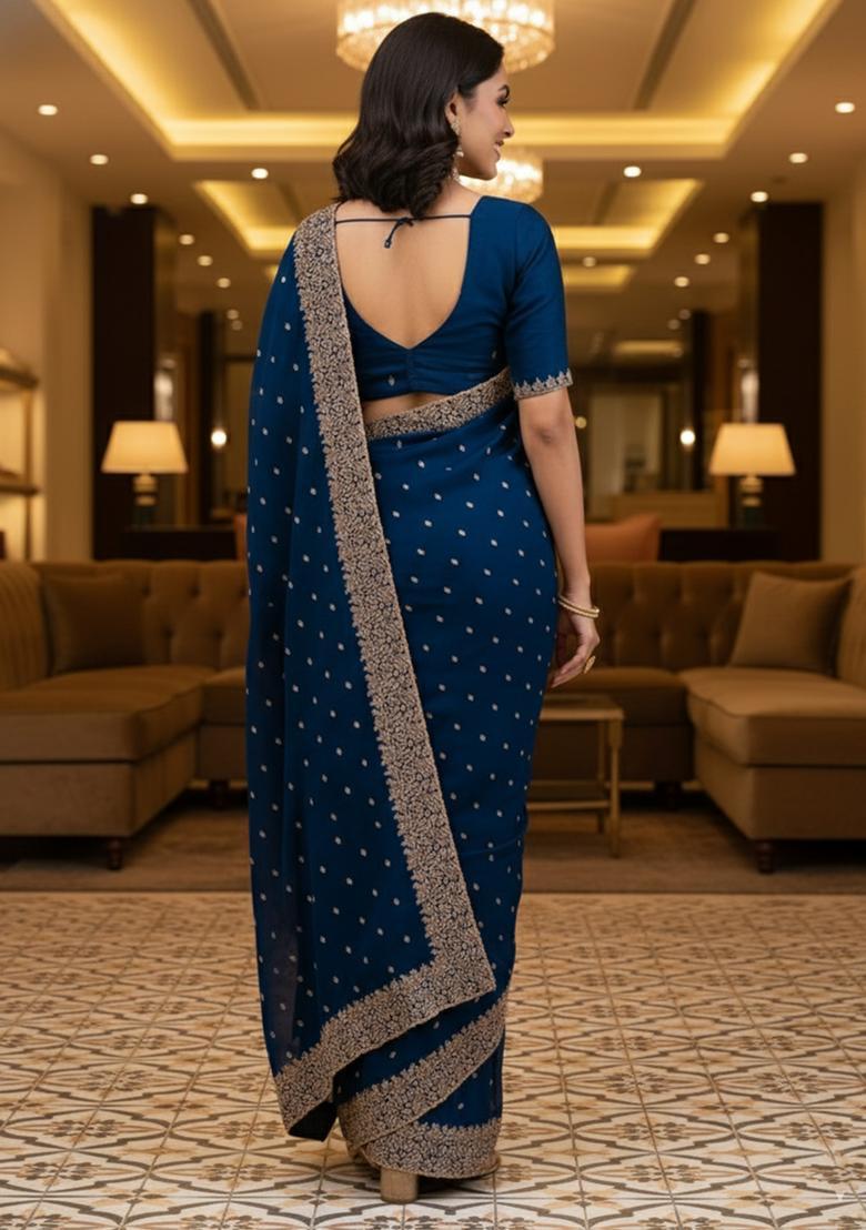 Blue Embroidery Silk Saree Set - Indya