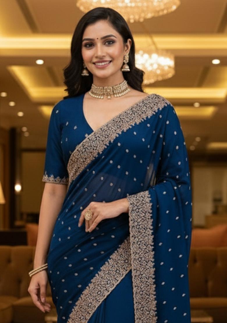 Blue Embroidery Silk Saree Set - Indya