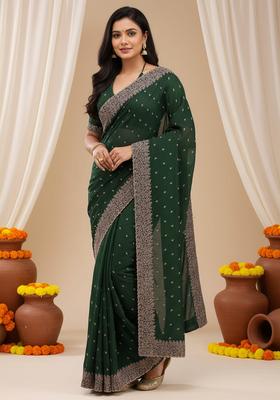 Green Embroidery Silk Saree Set