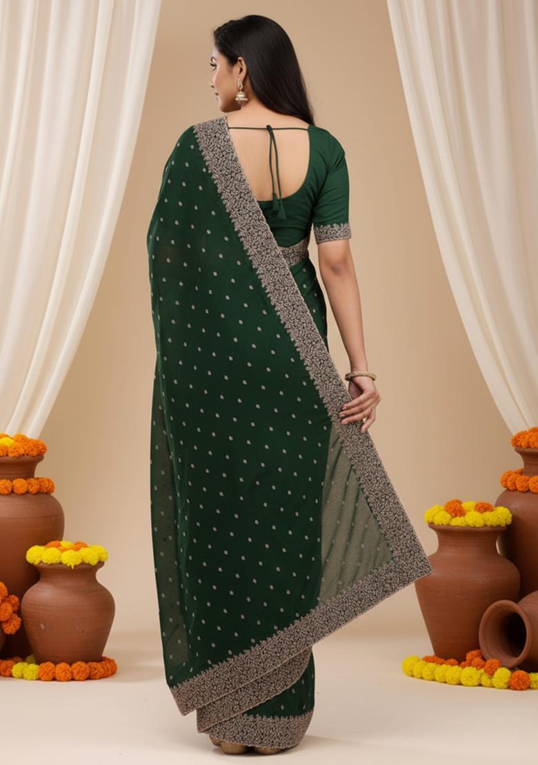 Green Embroidery Silk Saree Set - Indya
