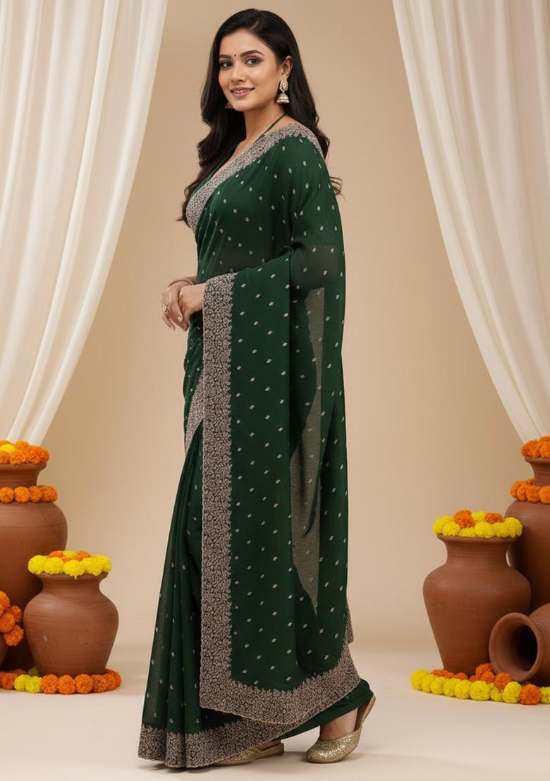 Green Embroidery Silk Saree Set - Indya
