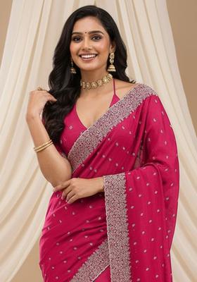 Pink Embroidery Silk Saree Set