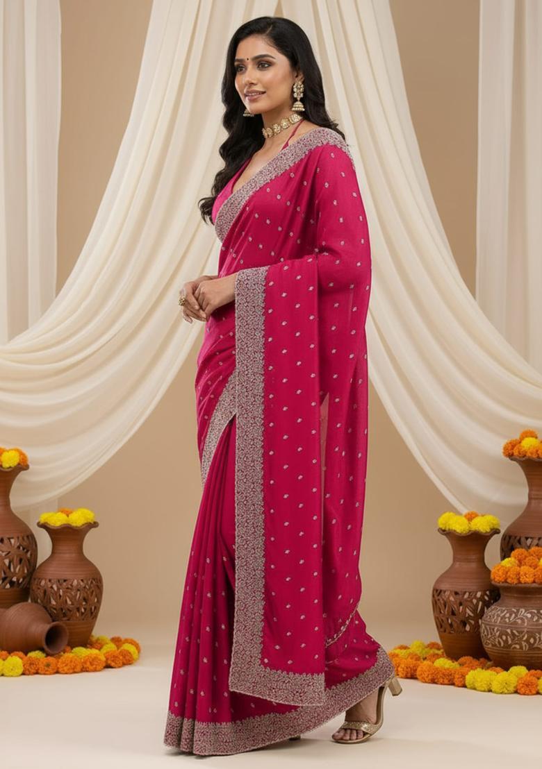Pink Embroidery Silk Saree Set - Indya