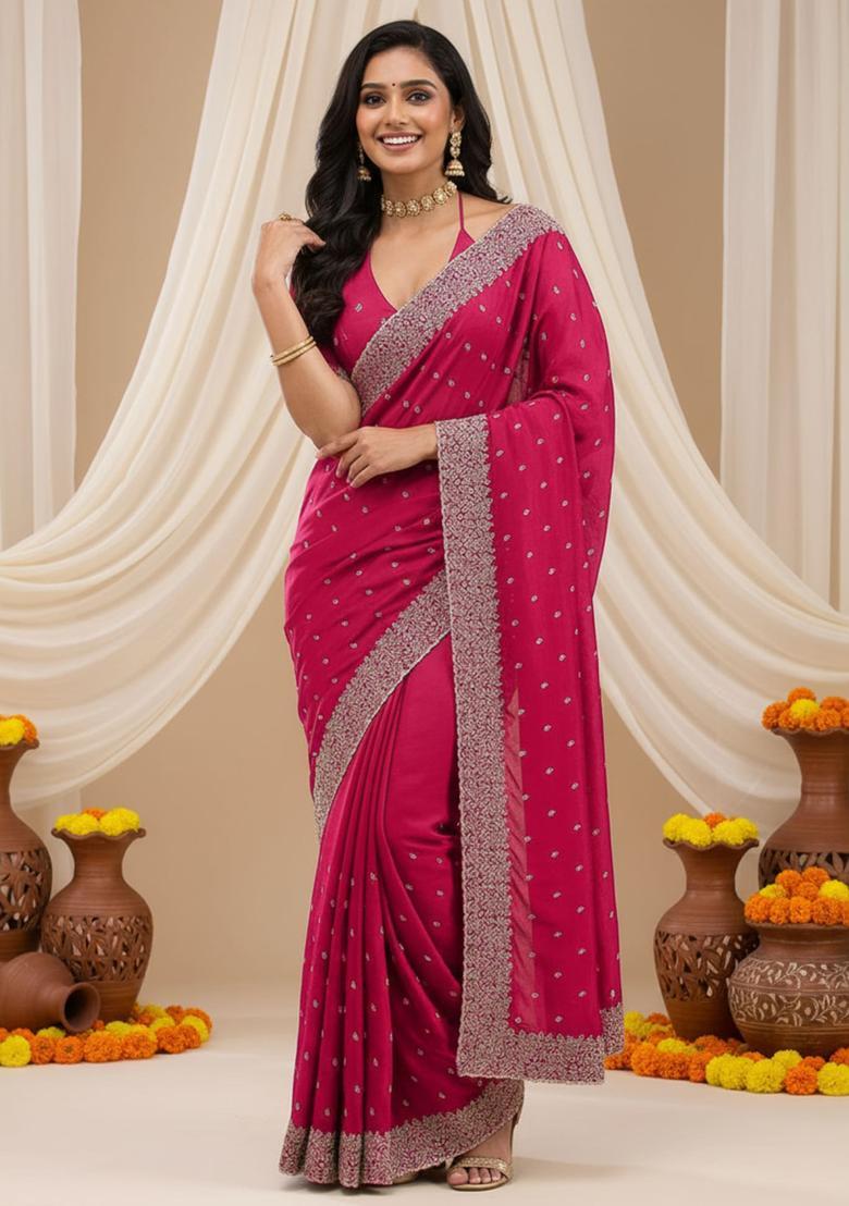 Pink Embroidery Silk Saree Set - Indya