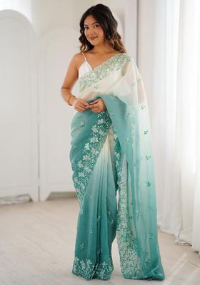 Teal Blue Embellished Chiffon Saree Set