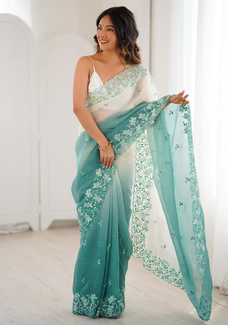 Teal Blue Embellished Chiffon Saree Set - Indya