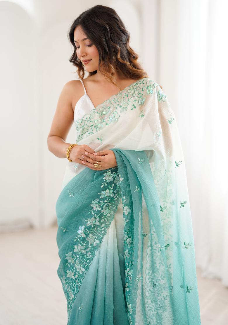 Teal Blue Embellished Chiffon Saree Set - Indya