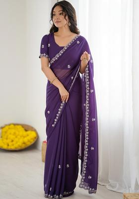 Purple Embellished Georgette Saree Set