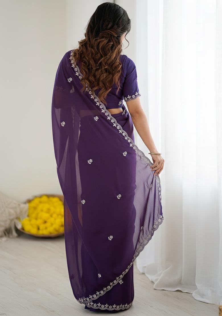 Purple Embellished Georgette Saree Set - Indya