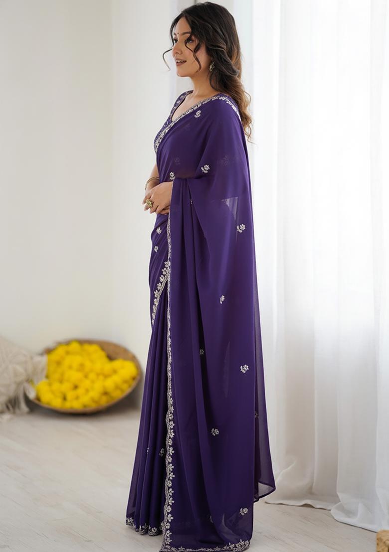 Purple Embellished Georgette Saree Set - Indya