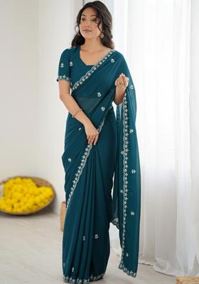 Teal Green Embellished Georgette Saree Set