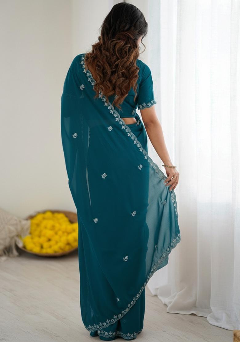 Teal Green Embellished Georgette Saree Set - Indya