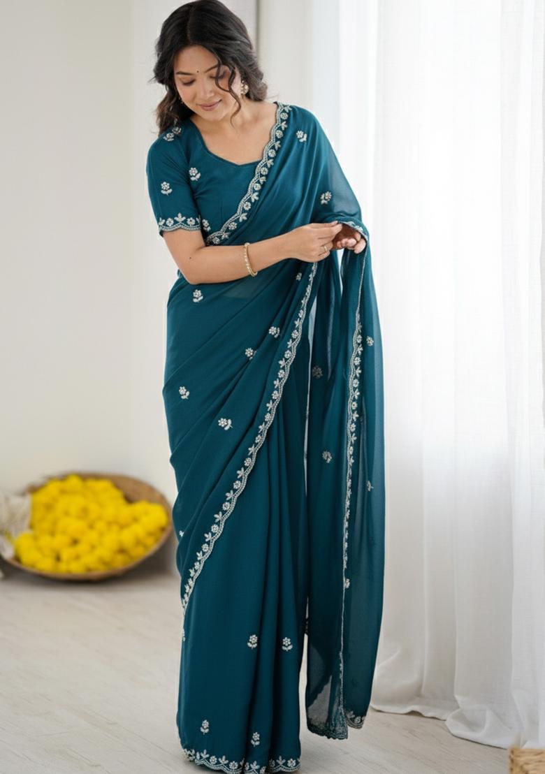 Teal Green Embellished Georgette Saree Set - Indya