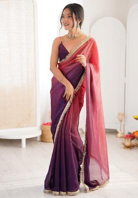 Mauve Embellished Silk Saree Set