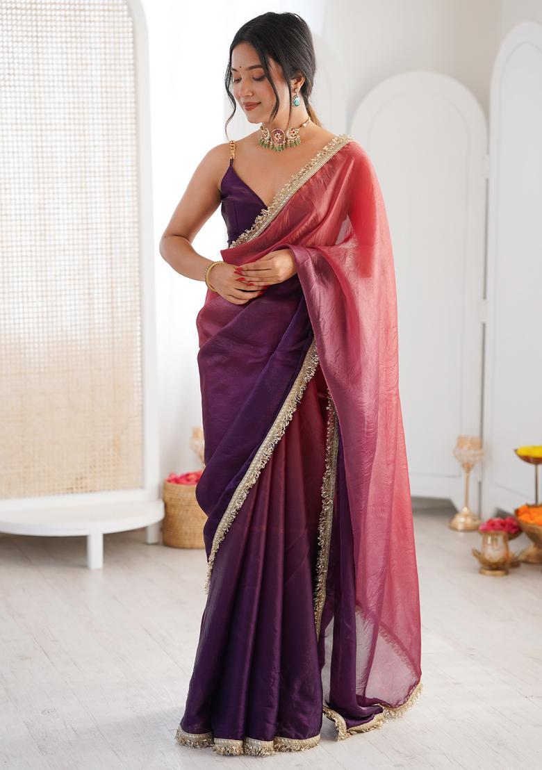 Mauve Embellished Silk Saree Set - Indya