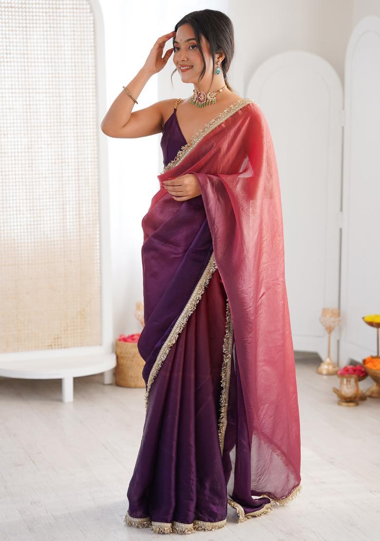 Mauve Embellished Silk Saree Set - Indya