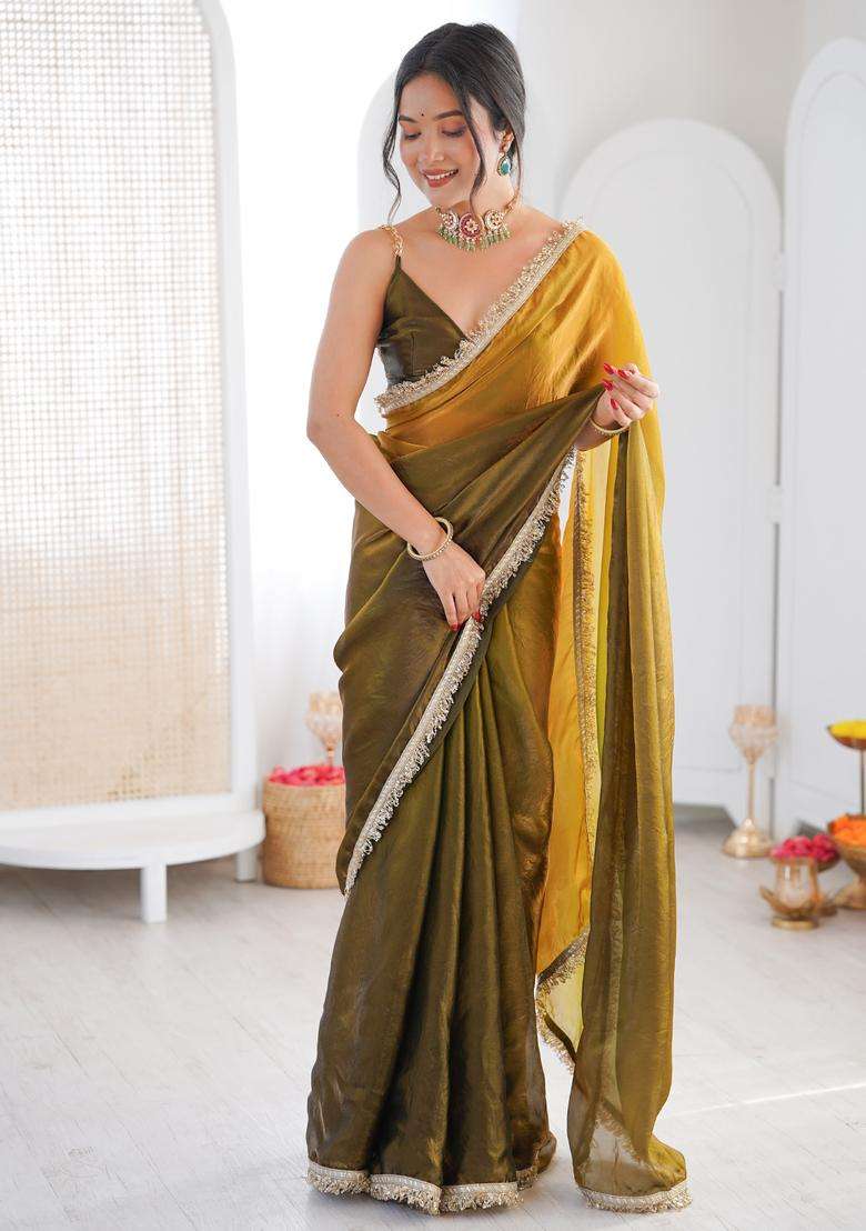 Olive Embellished Silk Saree Set for Diwali | Wedding & Festive Wear - Indya