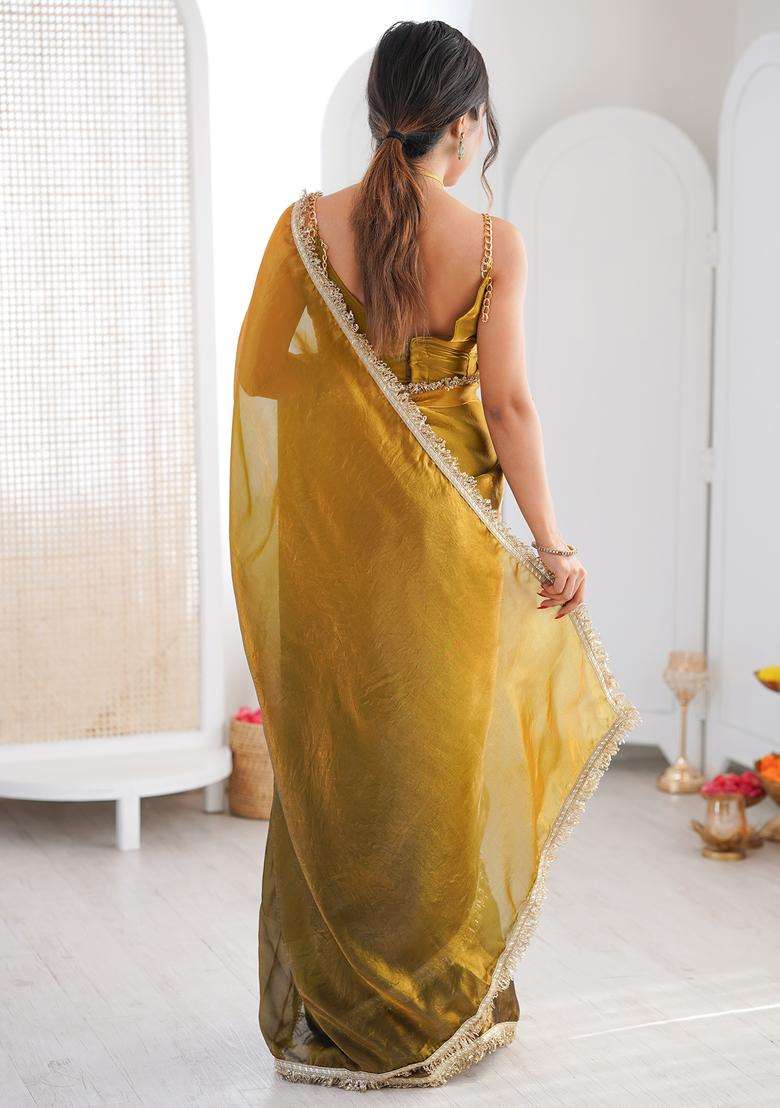 Olive Embellished Silk Saree Set for Diwali | Wedding & Festive Wear - Indya