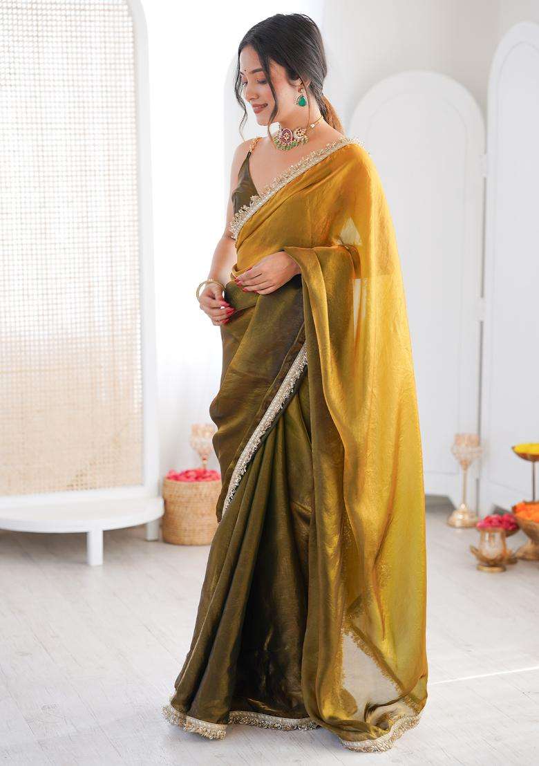 Olive Embellished Silk Saree Set for Diwali | Wedding & Festive Wear - Indya