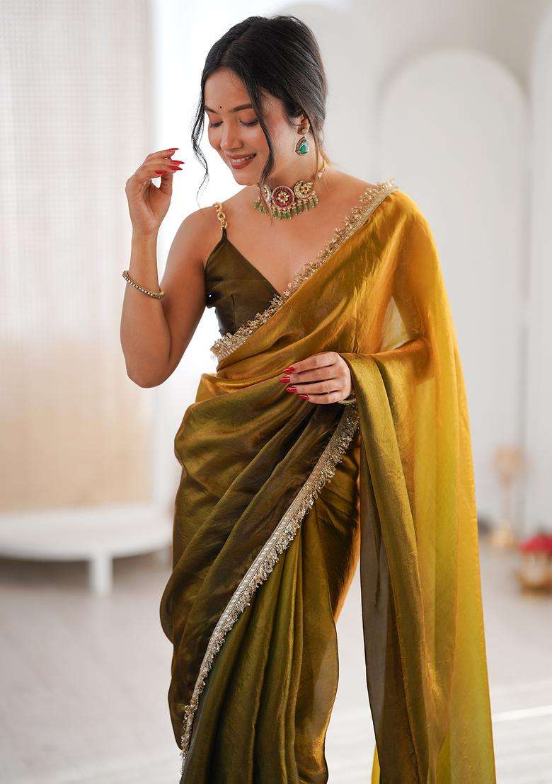 Olive Embellished Silk Saree Set for Diwali | Wedding & Festive Wear - Indya