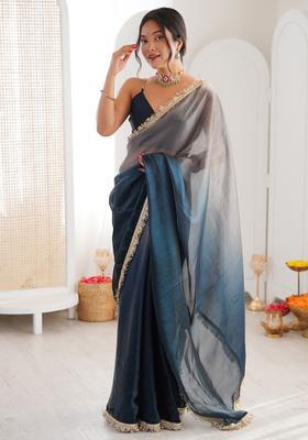 Navy Blue Embellished Silk Saree Set