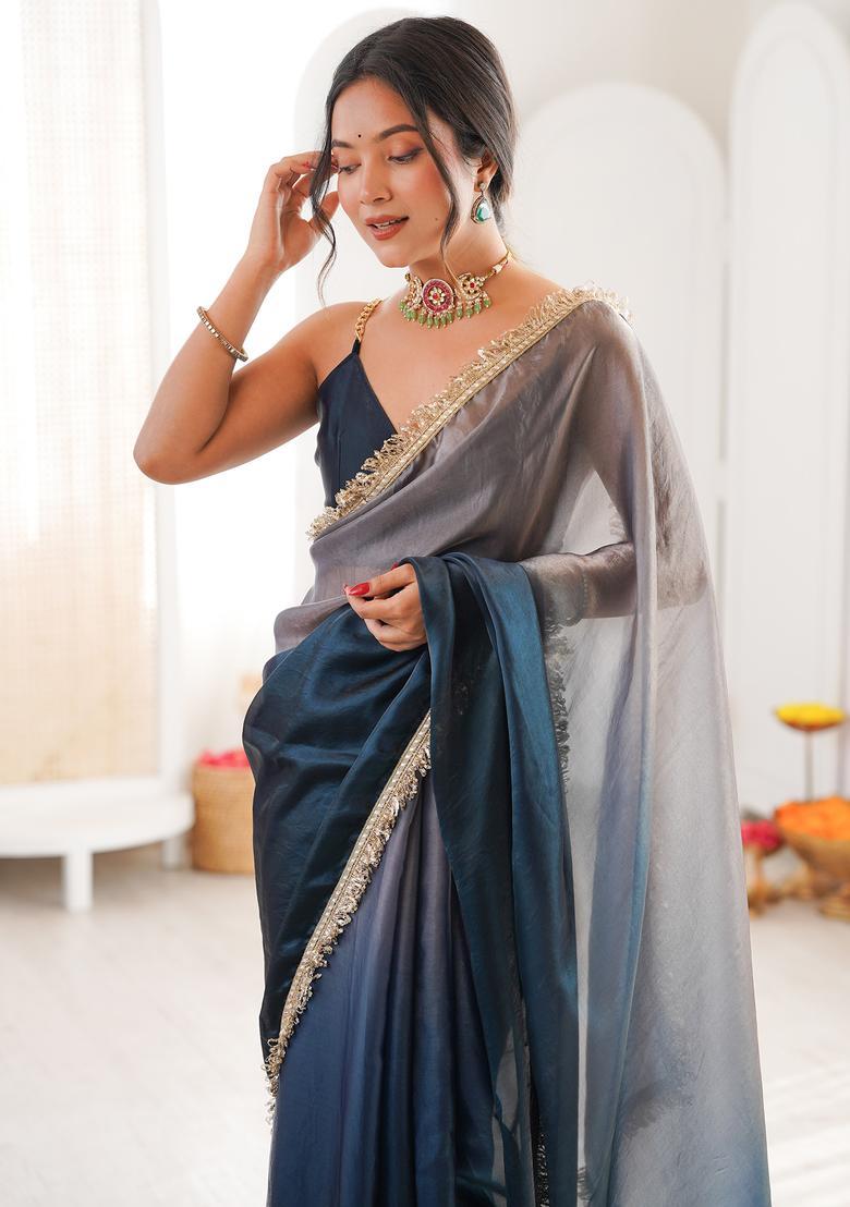 Navy Blue Embellished Silk Saree Set - Indya