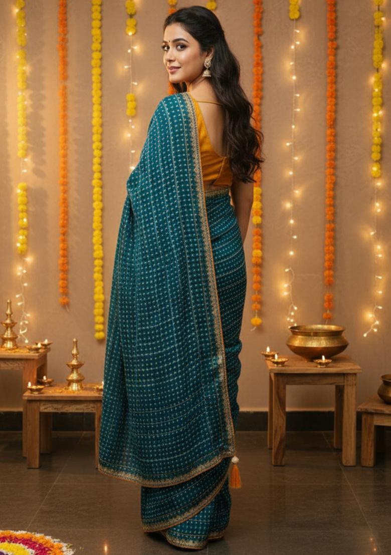 Teal Blue Embellished Silk Saree Set - Indya