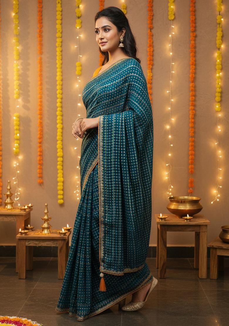 Teal Blue Embellished Silk Saree Set - Indya