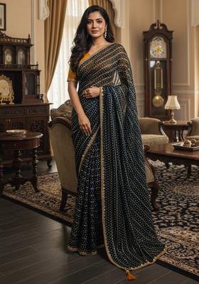 Navy Blue Embellished Silk Saree Set