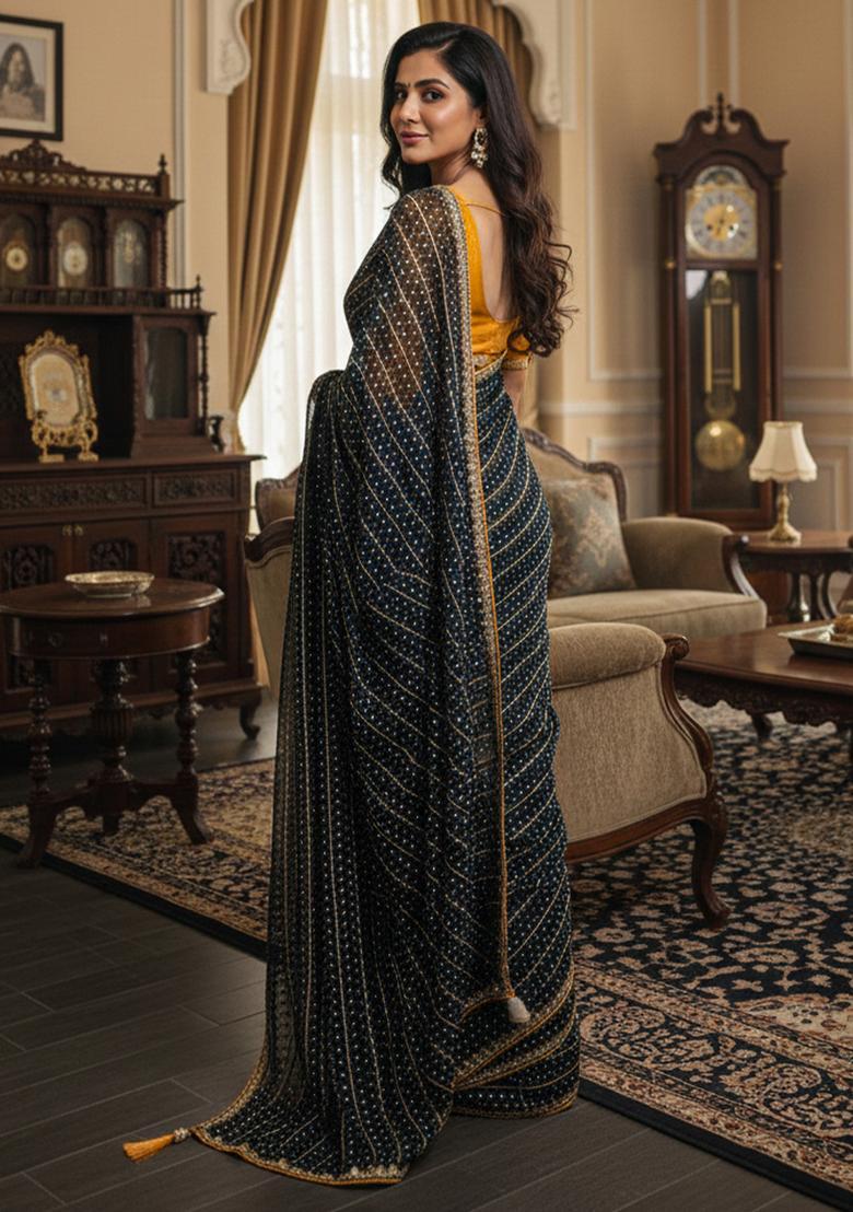 Navy Blue Embellished Silk Saree Set - Indya