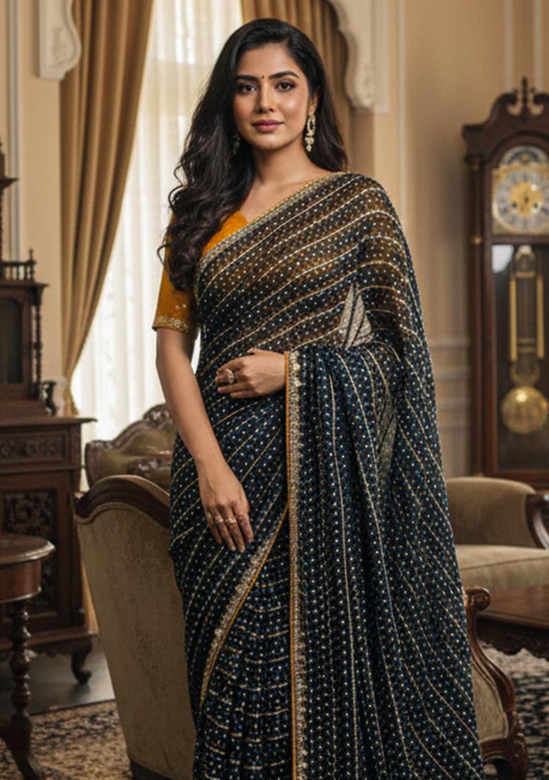Navy Blue Embellished Silk Saree Set - Indya
